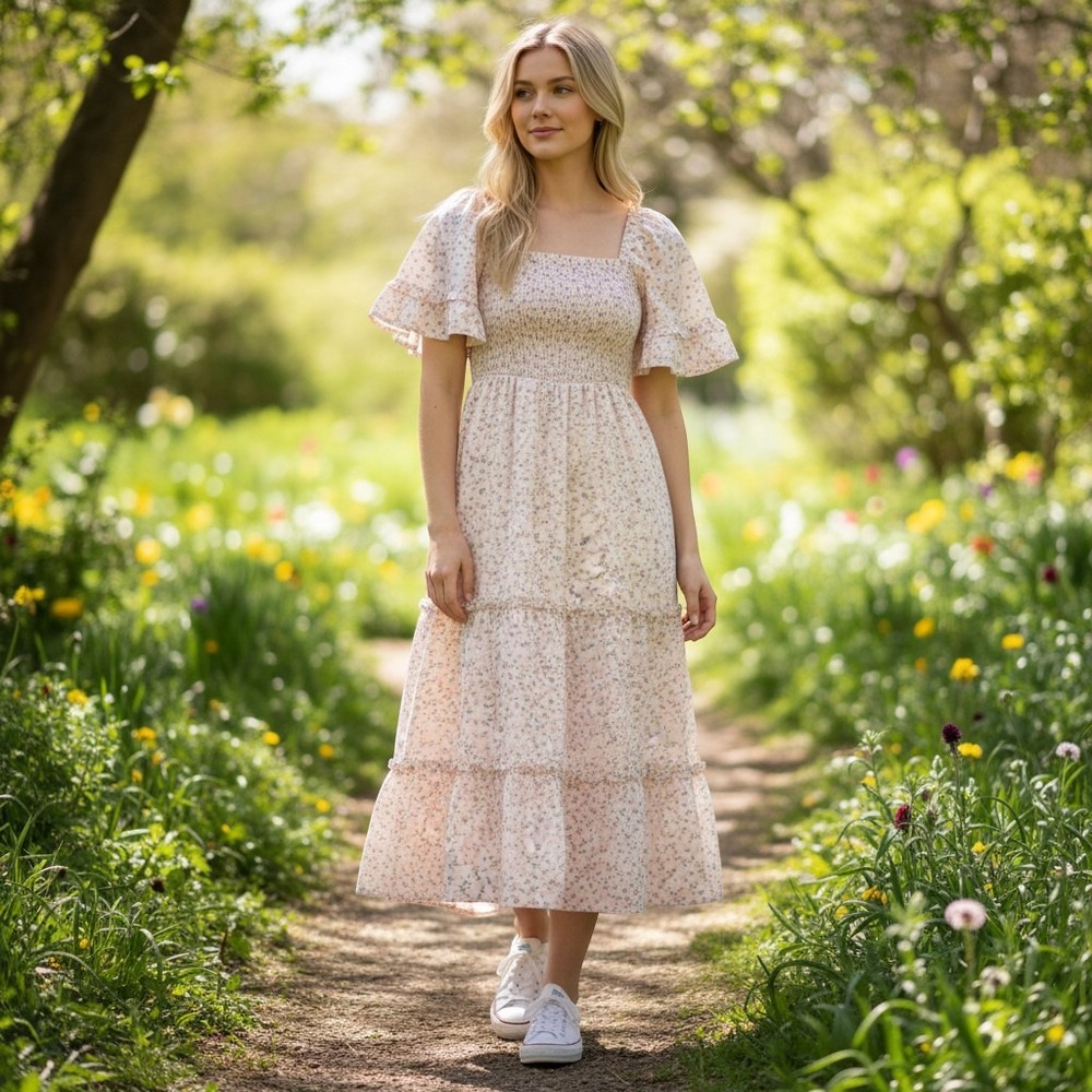Polagram Midi Dress Women's Small Cream Pink Ditsy Floral Smocked Ruffle